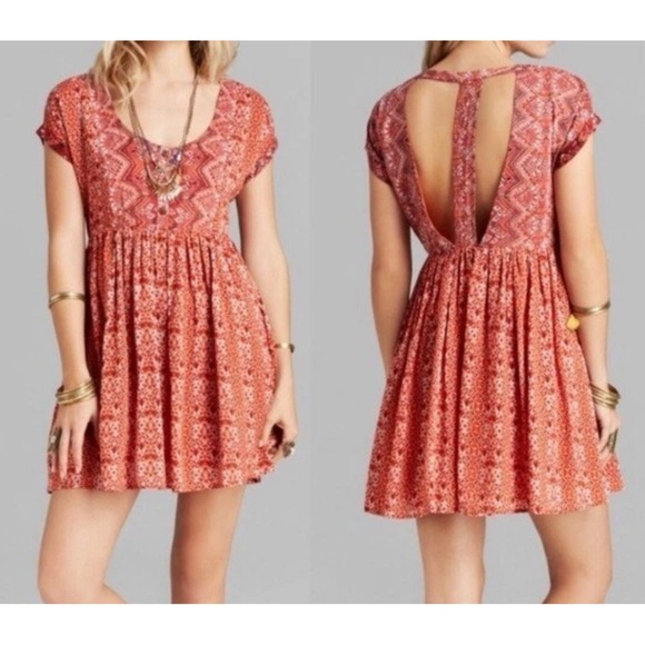 Free People Sundown Orange Geometric Print Babydoll Tunic Mini Dress Size S - Picture 1 of 13